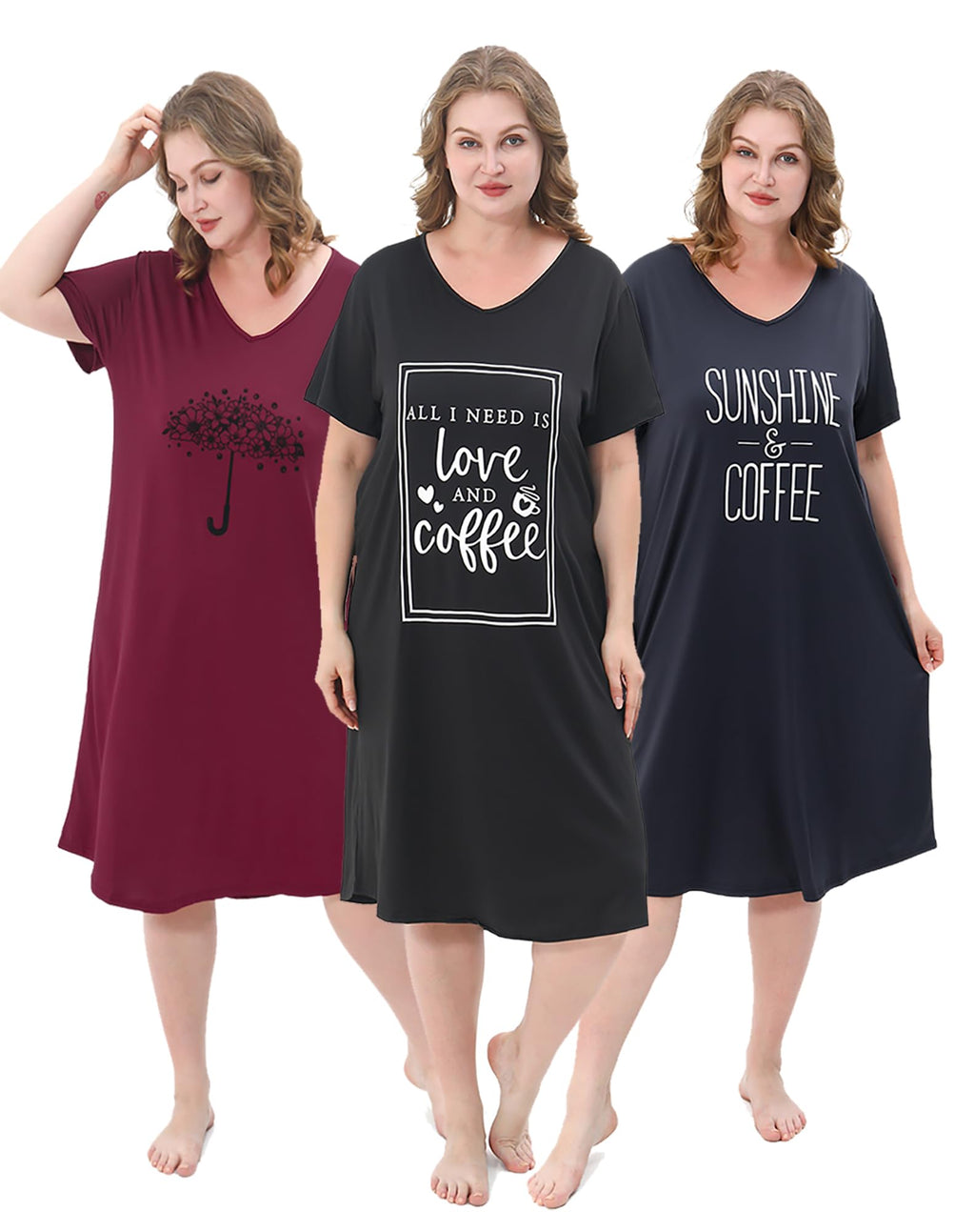 3 Pack Plus Size Women's Nightgown Soft Print Nightshirts for Women Short Sleeve Sleepwear