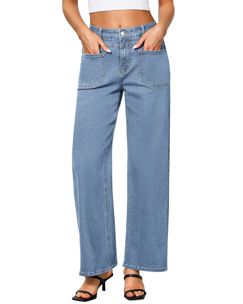 GRAPENT Wide Leg Jeans for Women Trendy High Waisted Loose Straight Leg Stretchy Retro Denim Pants with Pouch Pockets