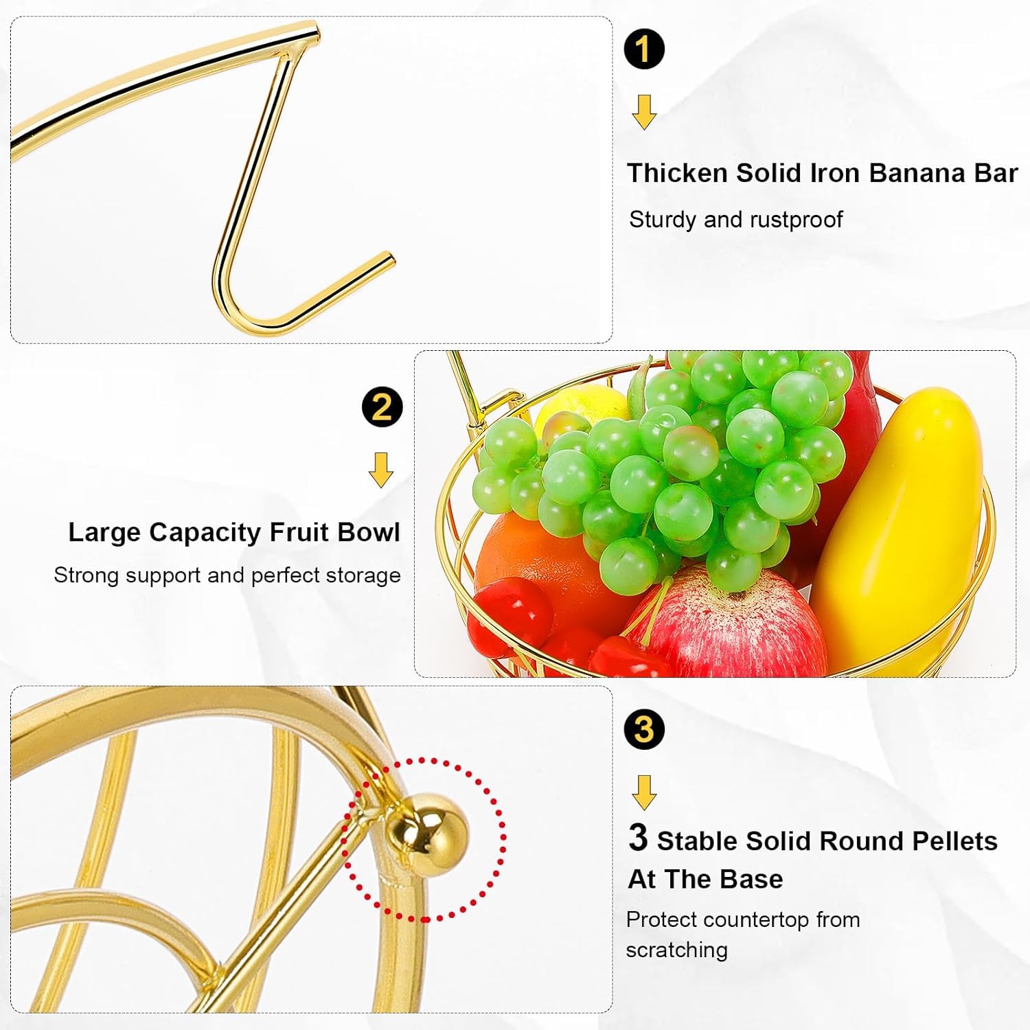 Livabber Countertop Fruit Basket Bowl with Banana Hanger, Modern Standing Fruit Vegetable Bowl Storage, with Banana Tree Holder for Kitchen Dinning Table (Round Marble, Black)