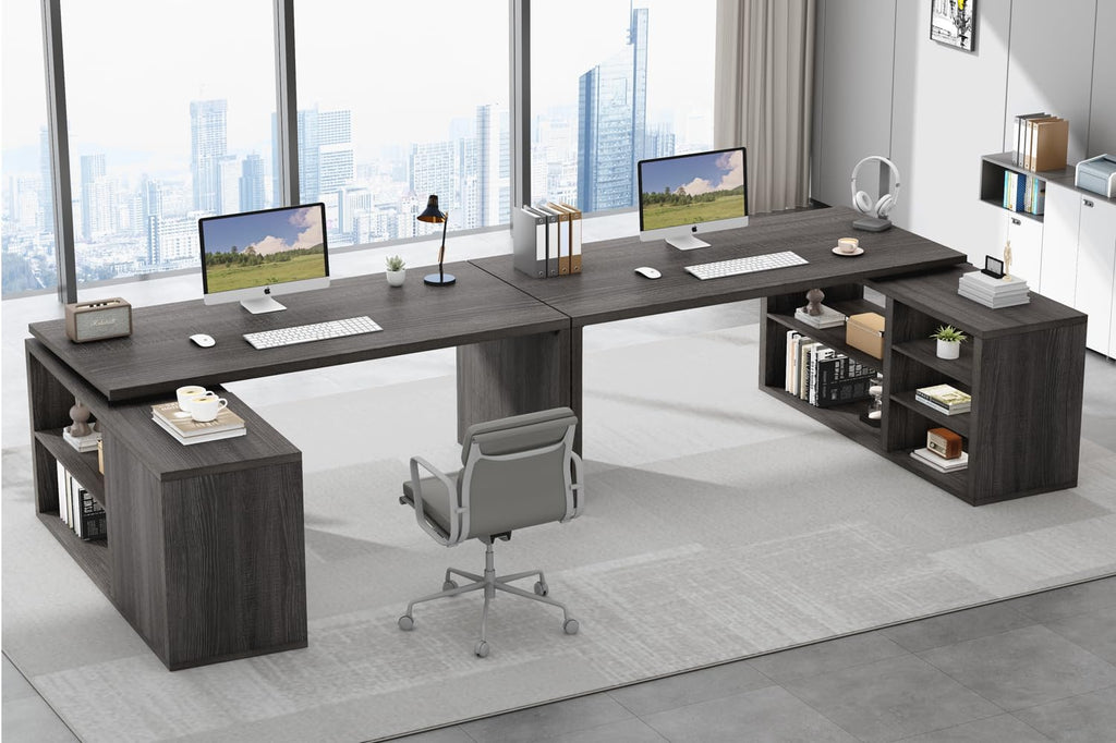 HSH Black L Shaped Computer Desk, Corner Desk with Storage Cabinet Shelves, Reversible Industrial Wood Executive Workstation, L-Shaped Home Office Table for Work Study Writing Gaming, 55 Inch