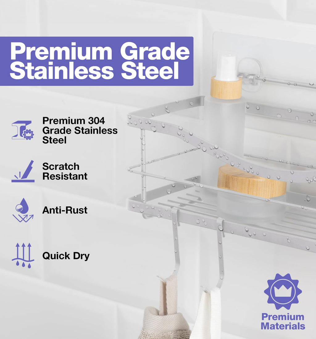 KINCMAX Premium Shower Caddy, Self Adhesive Shower Organizer w/ 4 Hooks, No Drill Shelves for Inside Shower, Rustproof Stainless Steel Shower Rack for Bathroom, Matte Black