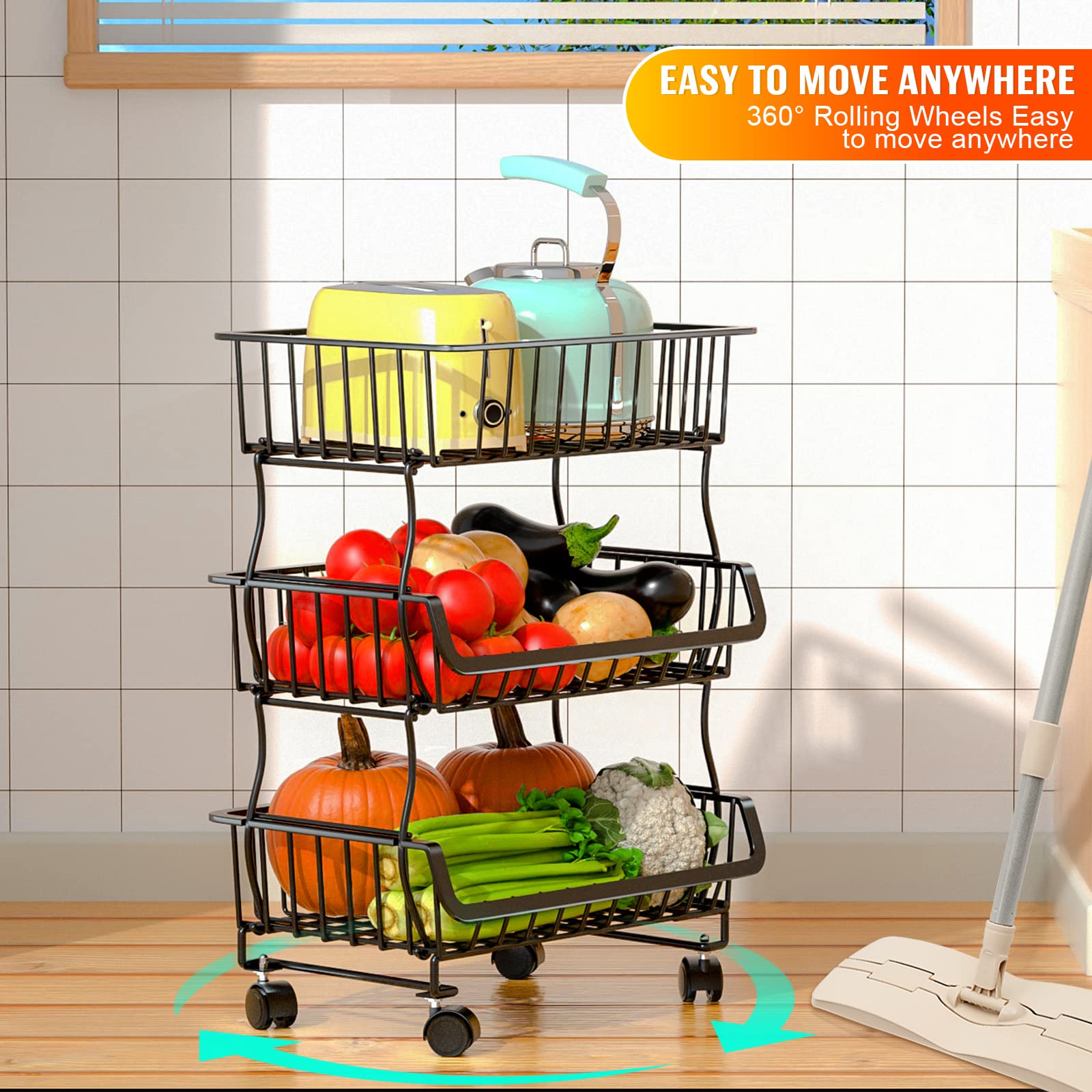 Gsiekare Fruit Vegetable Basket for Kitchen, 4 Tier Stackable Fruit Vegetable Storage Baskets with Wheels, Metal Wire Storage Basket Organizer Baskets for Kitchen, Pantry, Bathroom