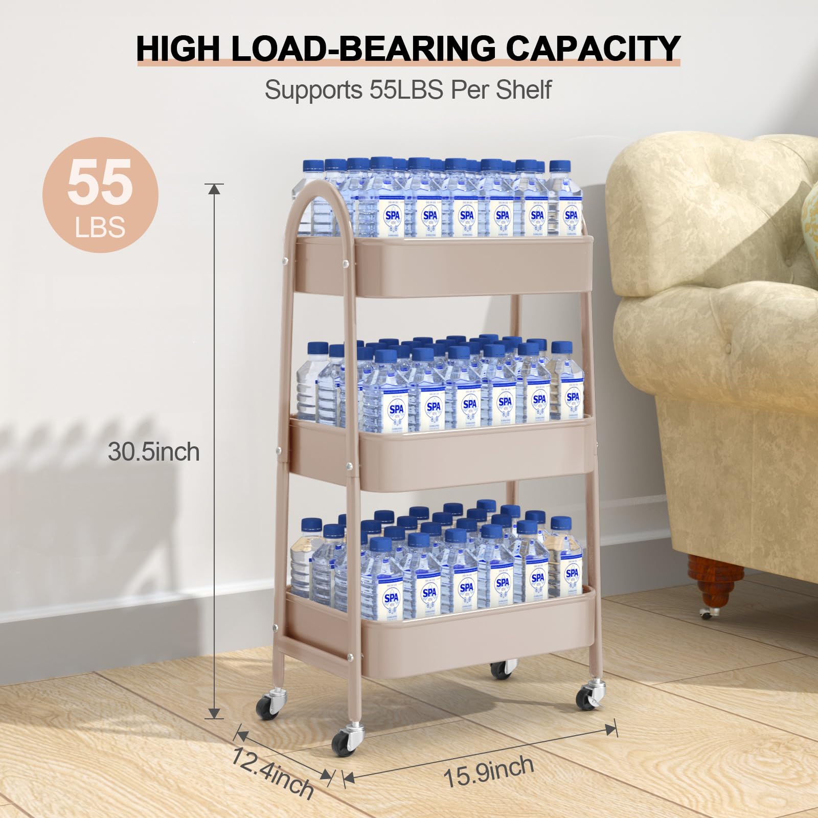 EAGMAK 3 Tier Rolling Cart, Large Metal Storage Cart with Handle and Lockable Wheels, Big Multifunctional Storage Organizer Trolley with Mesh Baskets for Kitchen, Living Room, Office, Garage (Beige)