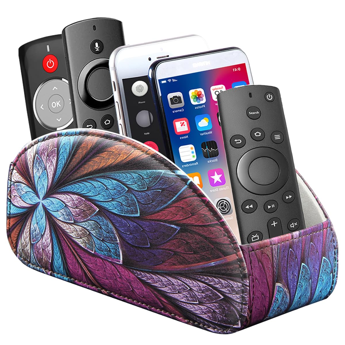 YAPISHI All-in-One Leather Brown TV Remote Holder with 5 Compartments Nightstand Desktop Media Player Remote Caddy Storage Box Organizer Tray for Mobile Office Phone Controller