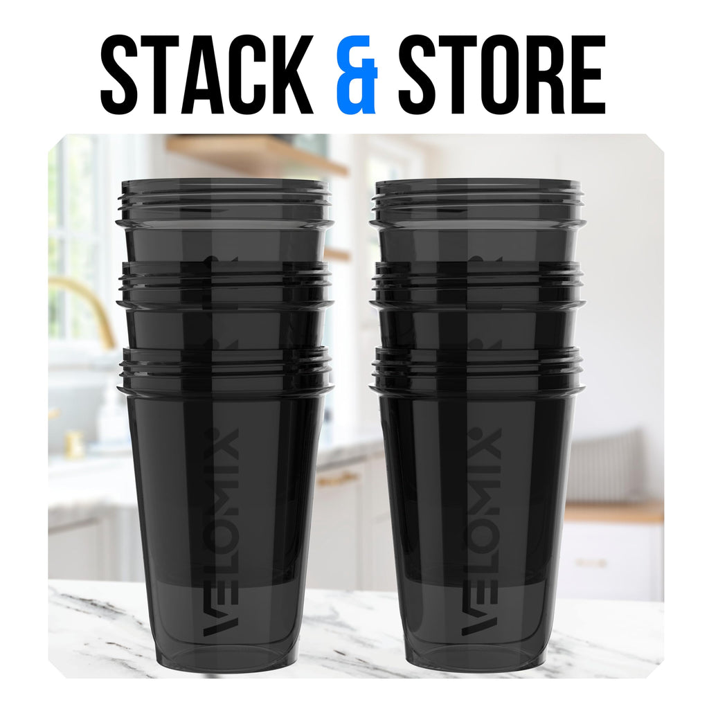 VELOMIX -6 PACK- 20 oz Protein Shaker Bottle for Protein Mixes - 6x Wire Whisk | Leak Proof Shaker Cups for Protein Shakes| Stackable Protein Shaker Bottle Pack | Dishwasher Safe (ALL IN BLACK)