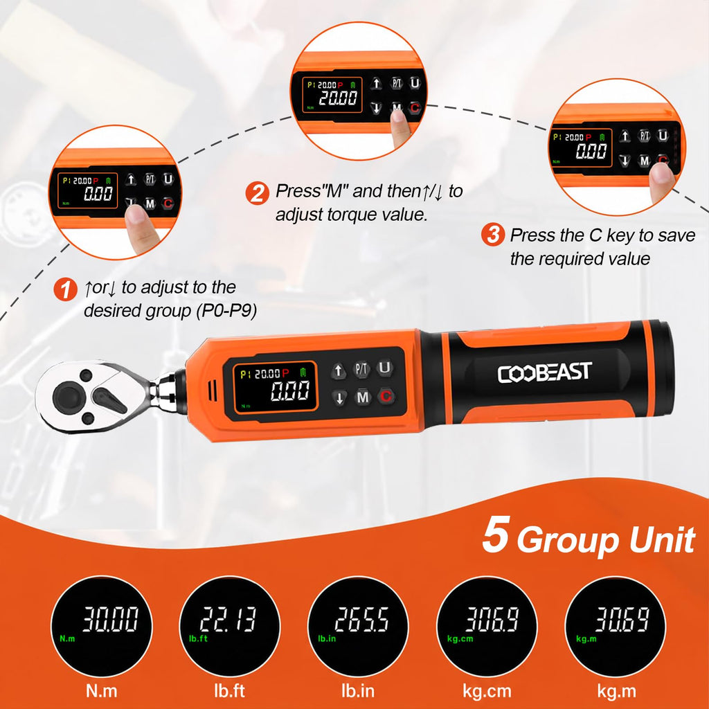 Digital Torque Wrench, 1/2 Drive Electronic Torque Screwdriver with Preset Value(3.76-250.8 Ft.lbs./5.1-340Nm), Buzzer and LED Flash Five Units of Measure Torque Wrench for Motorcycle, Auto Repair