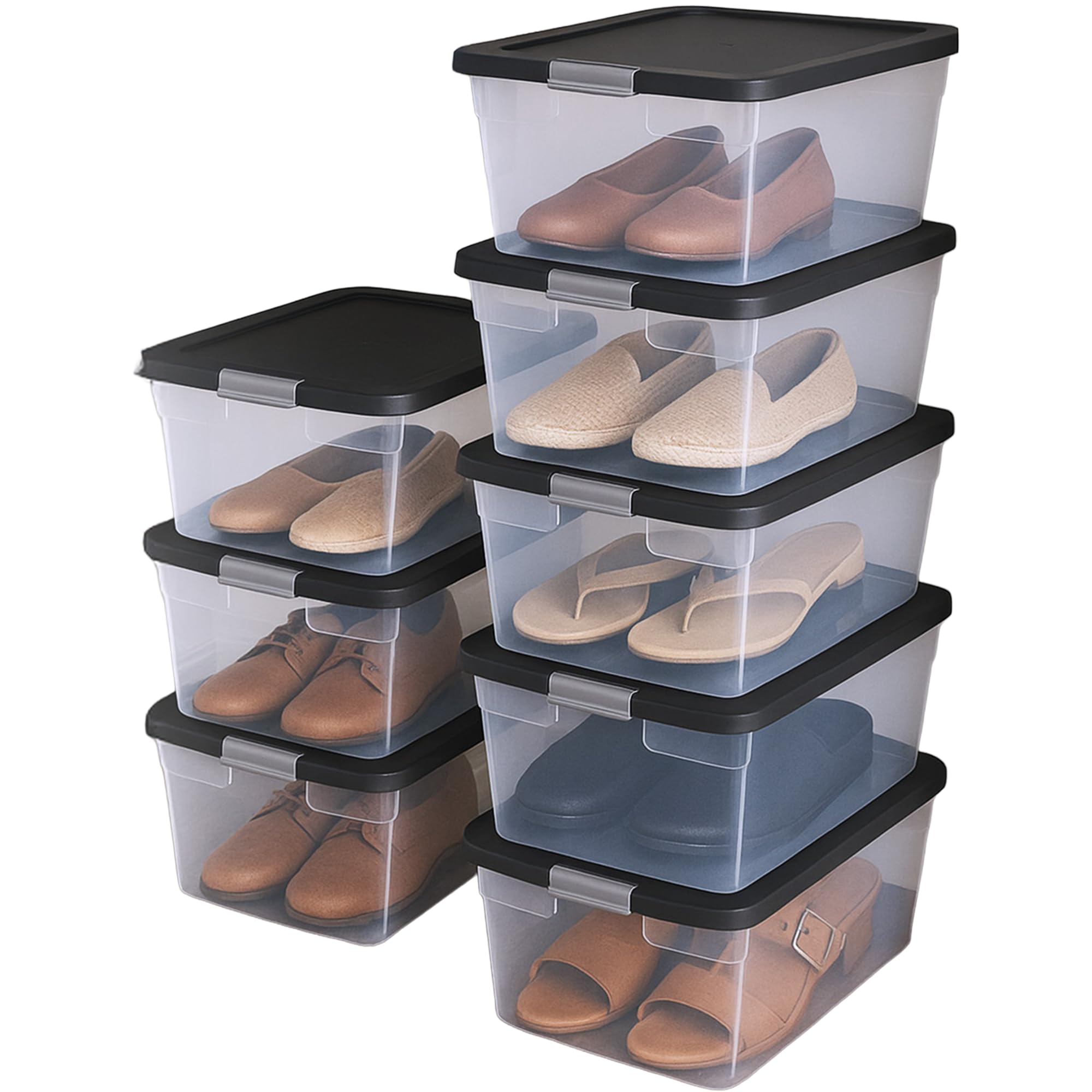 HOMZ 4-Pack Secure Latch, Clear Plastic Storage Organizer Bins, 15 Quart, Gray Lid - Stackable Container Boxes for Bedroom, Bathroom, Garage, and Office Organization