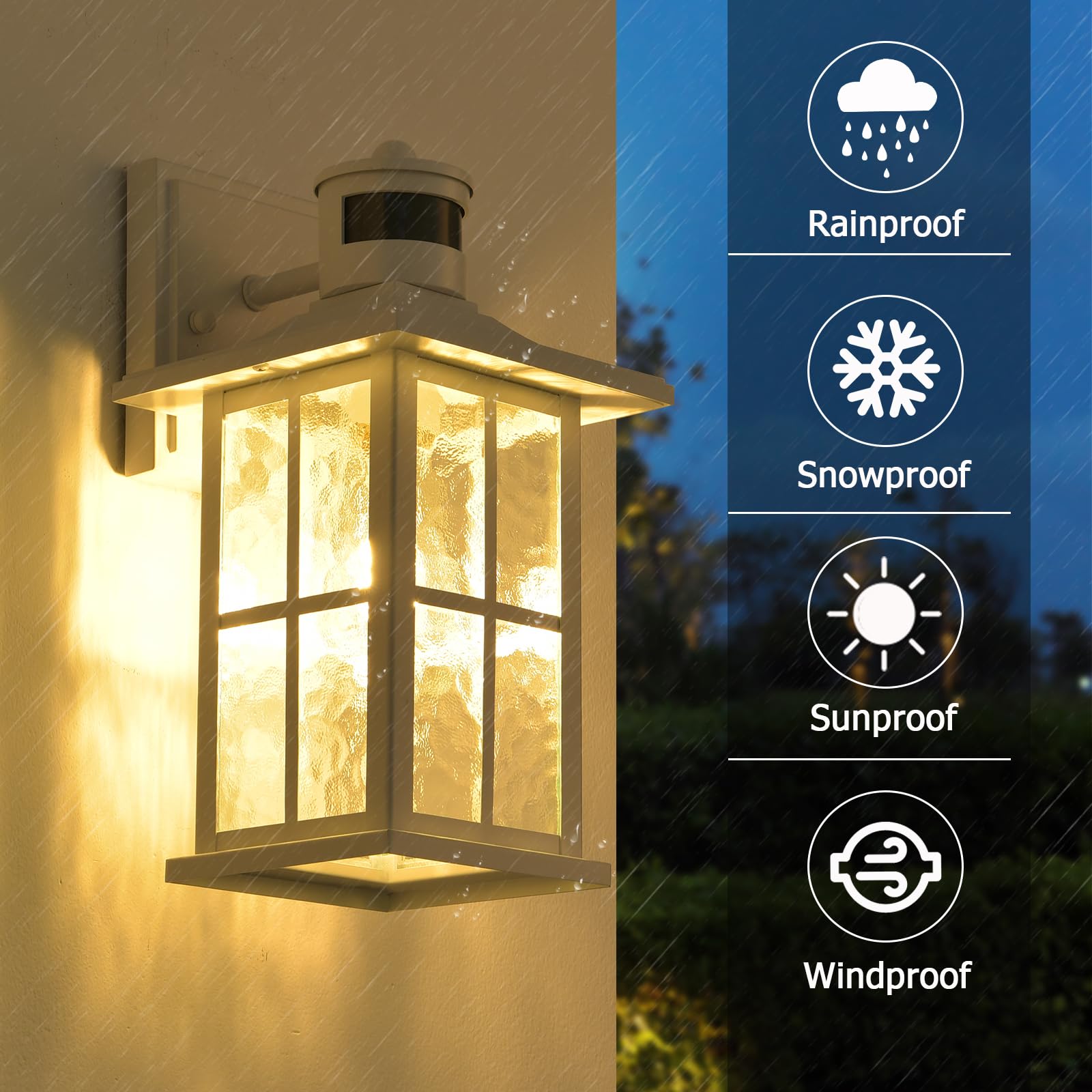 FLEDAVID Motion Sensor Outdoor Wall Light Fixtures Dusk to Dawn Exterior Porch Lantern White Outside Sconce Lighting Rustic Wall Mount Lamp with Water Ripple Glass for House Garage Patio Entryway