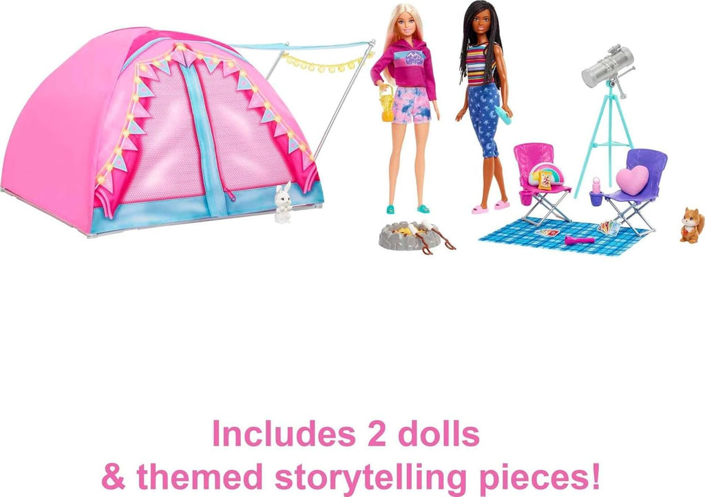 Barbie It Takes Two Camping Playset with Tent, 2 Barbie Dolls & 20 Pieces Including Animals, Telescope & Accessories, Toy for 3 Year Olds & Up (Amazon Exclusive)
