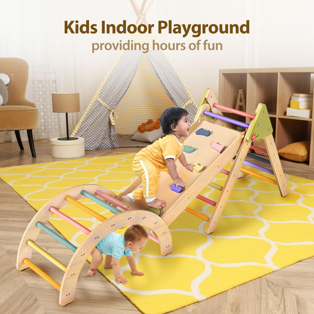 LOL-FUN Pikler Triangle Set with Slide for Toddler 1-3, Montessori Climbing Toys for 1 Year Old, Toddler Climbing Toys Indoor Pickler Climbing Set, Foldable Wooden Climber Jungle Gym for Kids