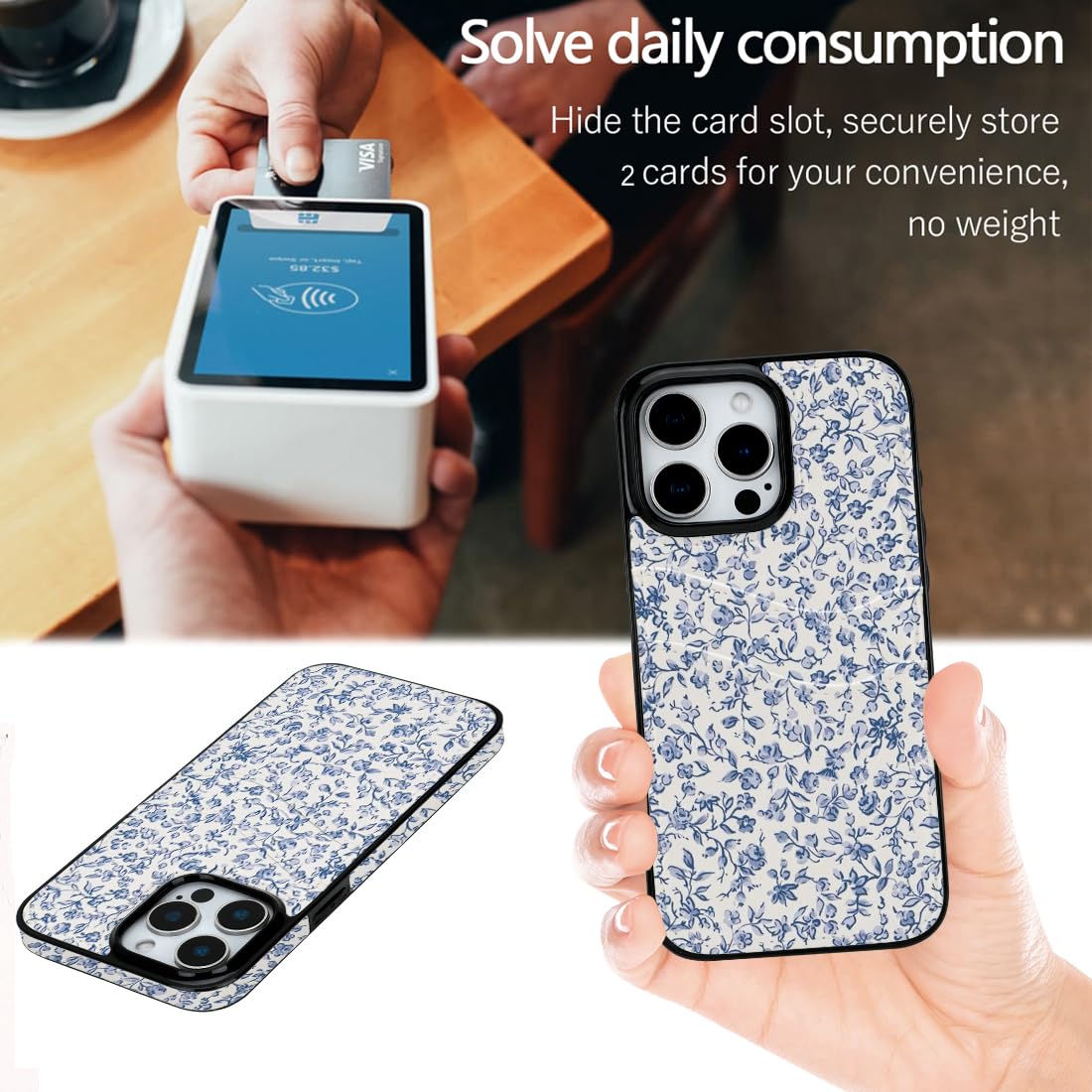 for iPhone 11 6.1 inch Case with Card Holder Soft Leather Wallet Case Protective Shockproof Hard Cover for Women Man (Blue Floral, iPhone 11 6.1 inch)