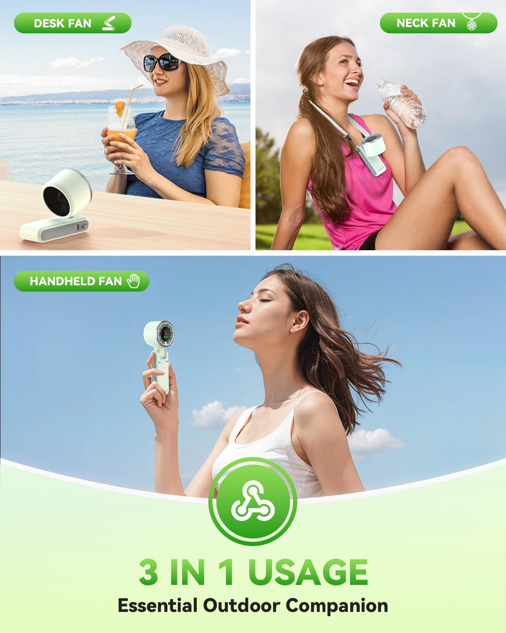 PlayHot Portable Handheld Turbo Fan, 5 Gear Wind, USB-C Rechargeable Fan, Up to 12 Working Hours, 3 IN 1 Hand Fans with Air Turbo Tech Cooling Fan for Outdoor Activities, Travel, Beach (Black)