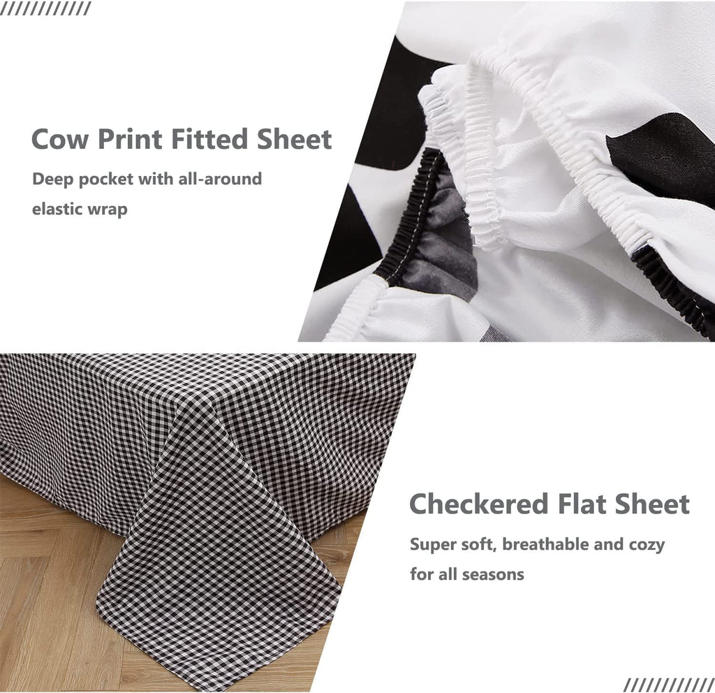 SUCSES Full Size Comforter Set with Sheets 8 Piece Cow Print Bedding Set for Boys Girls Black and White Kids Bed-in-A-Bag Farmhouse Rustic Bed Set for Bedroom (Milk Cow, Full)