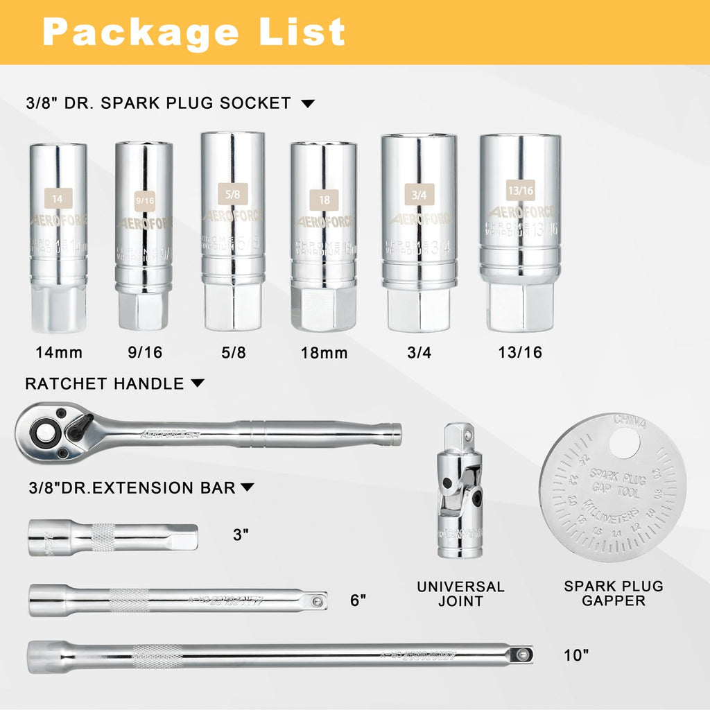 AEROFORCE 3/8-Inch Drive Spark Plug Socket Set 8PCS - Includes 6 Point Sockets 5/8-inch, 3/4-inch and 13/16-inch, 12 Point Sockets 14mm&18mm, 2 Extension Bars,Universal Joint