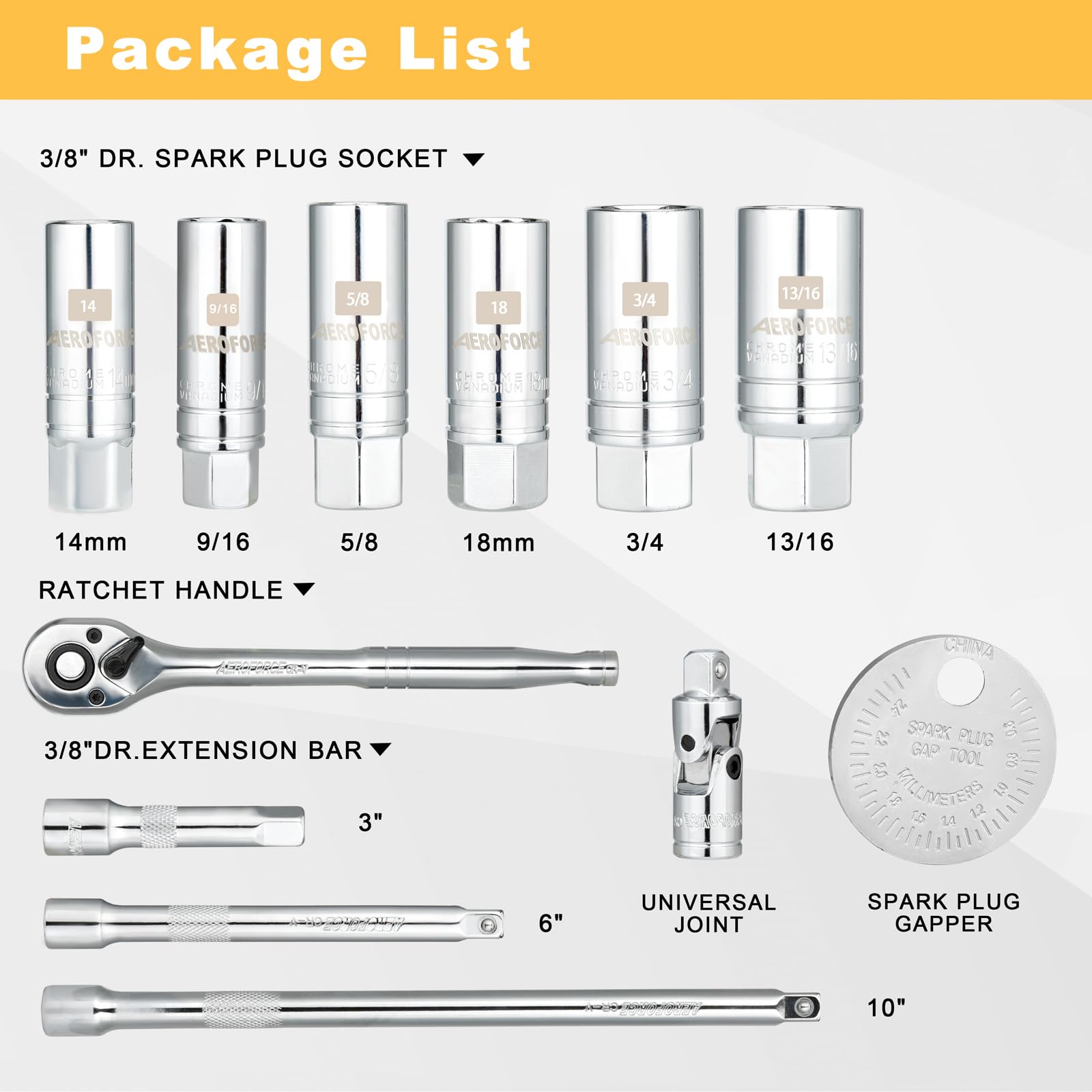AEROFORCE 3/8-Inch Drive Spark Plug Socket Set 8PCS - Includes 6 Point Sockets 5/8-inch, 3/4-inch and 13/16-inch, 12 Point Sockets 14mm&18mm, 2 Extension Bars,Universal Joint