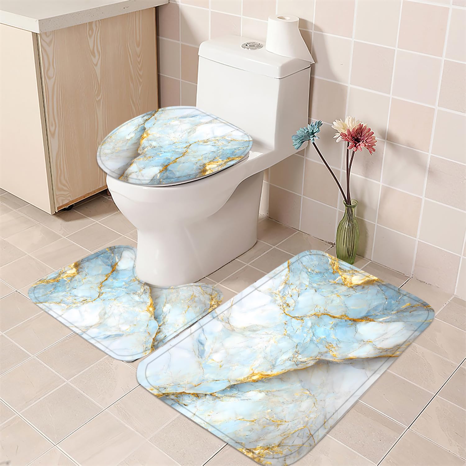 Nkzply 4 Pcs Black Marble Shower Curtain Sets with Rugs Gold Bathroom Sets with Shower Curtain and Rugs Modern Abstract Bathroom Decor Accessories Shower Curtains for Bathroom Toilet Lid Cover