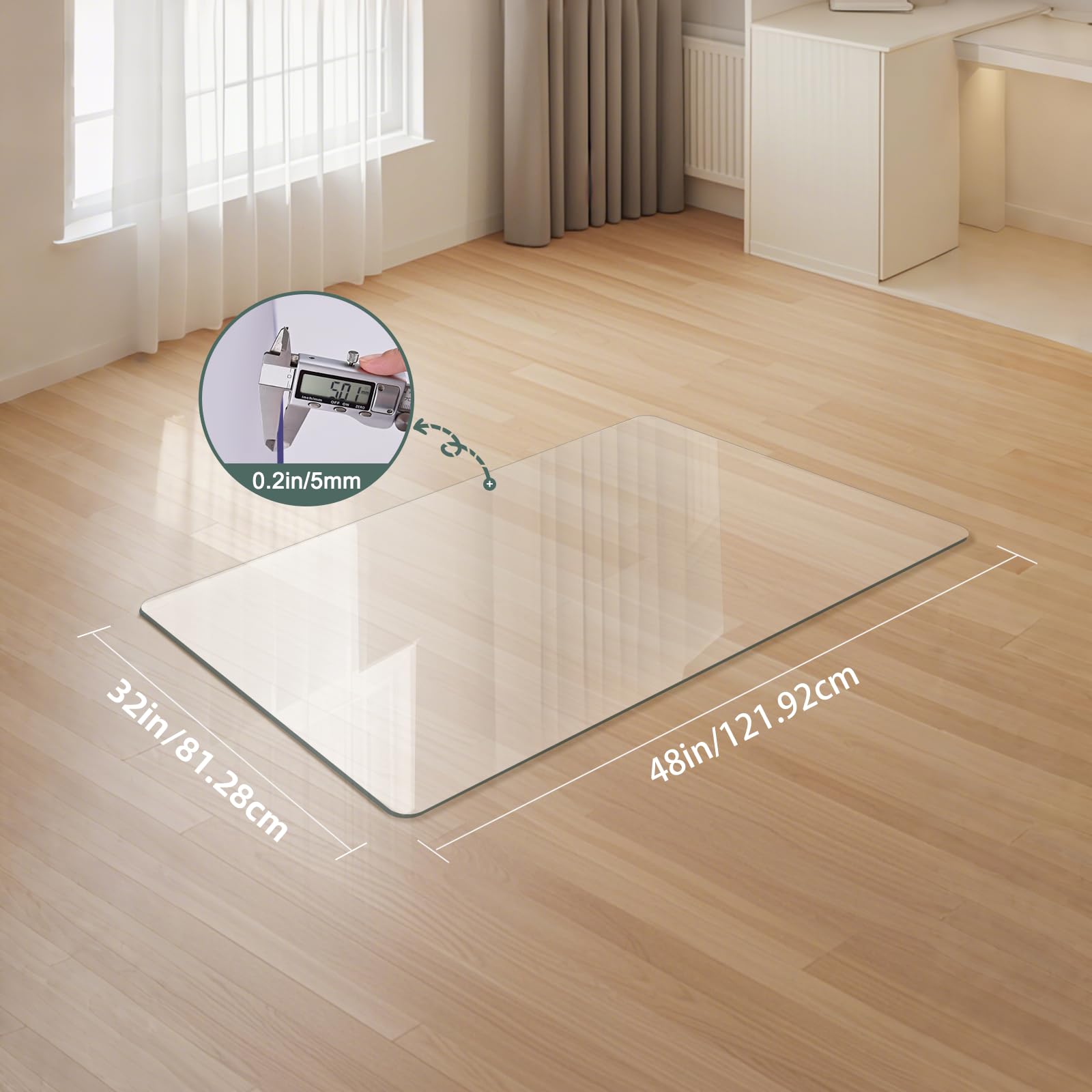 Tempered Glass Chair Mat 48" x 32",1/5" Thick for Office Desk,Rolling Chair Mat for Carpet, Odorless, Easy to Clean with 4 Non-Slip Pads for Carpet & Hardwood Floors