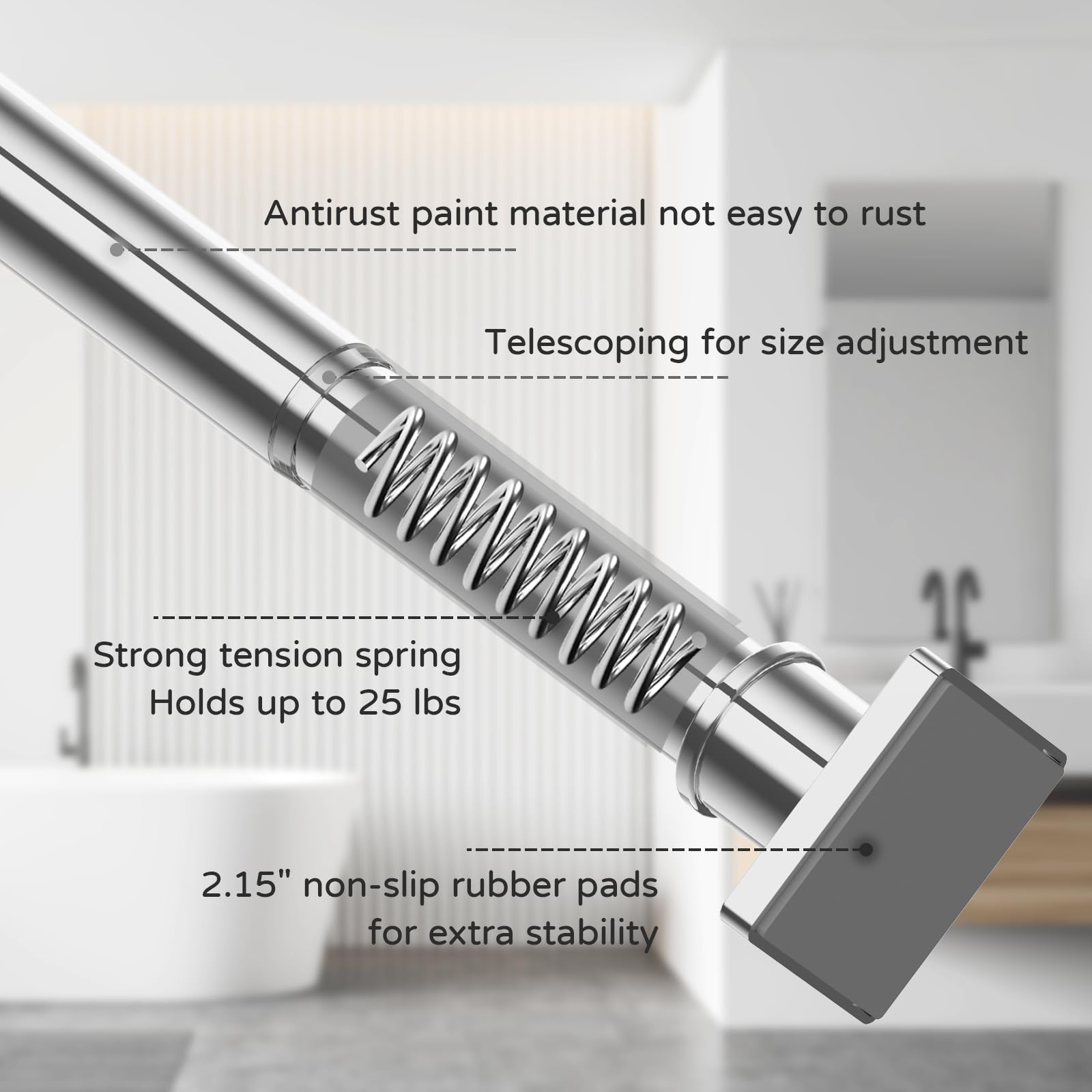 UIOSANRT Tension Shower Curtain Rod 31-55 Inches Non-Slip Shower Rod Tension Mounted No Drill Black Shower Curtain Rods Spring Tension Rod Adjustable Tension Curtain Rod for Windows Bathroom