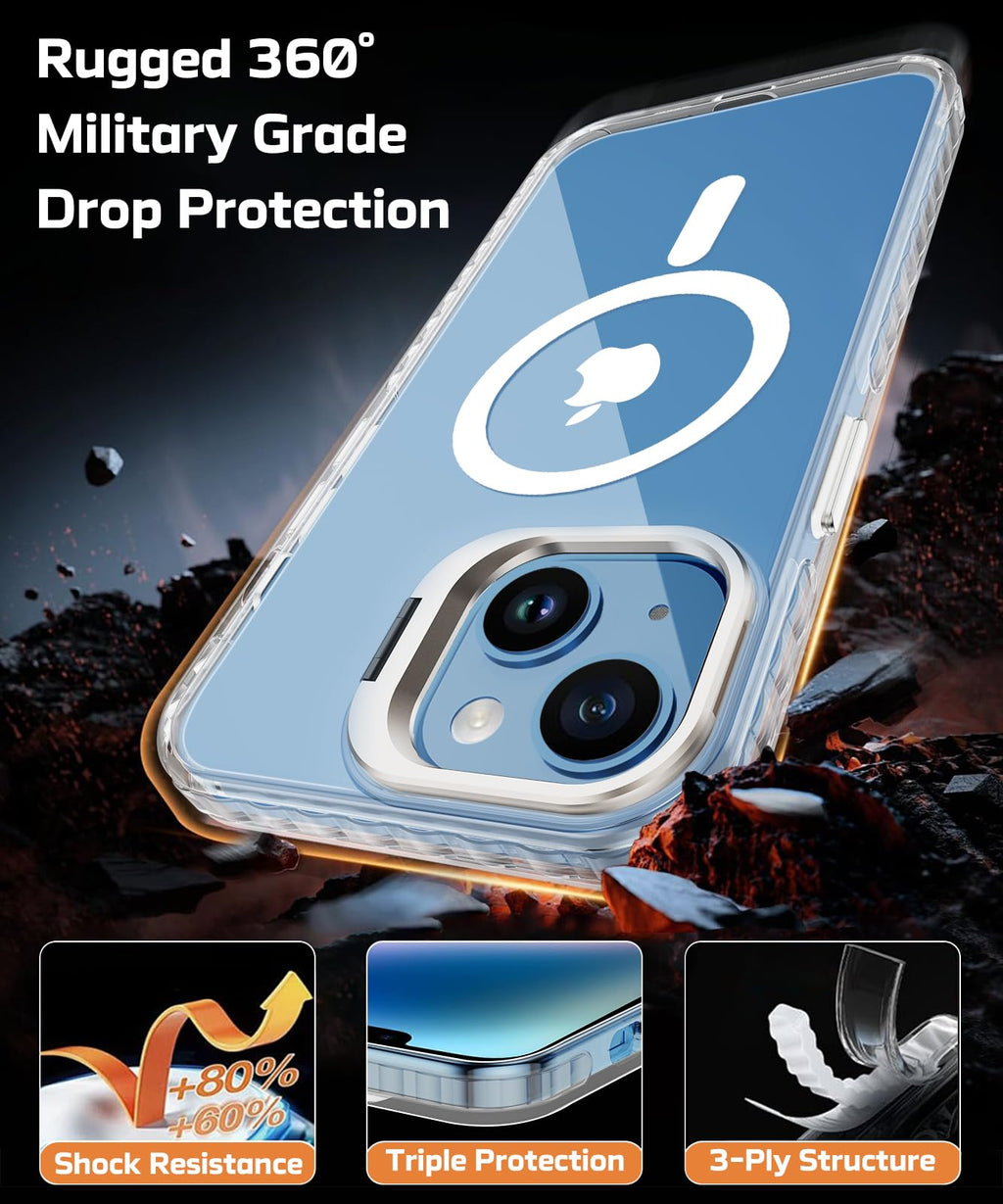 for iPhone 15 Clear Case with Stand, Compatible with MagSafe, Heavy Duty Drop Protection, Full Body Shockproof Magnetic Protective Phone Cover for Apple iPhone 15 (Clear Magnetic)