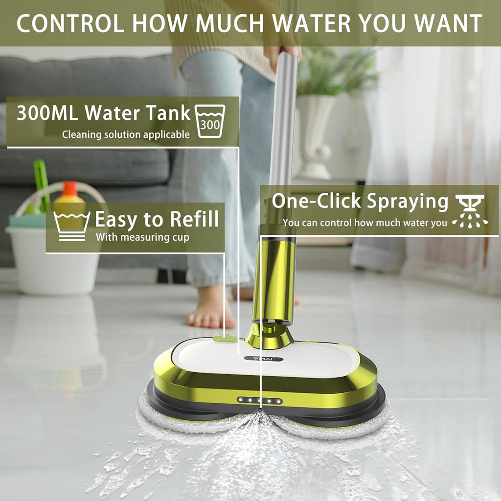 VMAI Cordless Electric Mop with Water Spray & Detachable Battery, Rechargeable Floor Spin Mop & Scrubber with LED Headlights, Washable Pads, Lightweight for Hardwood Tile Marble Floor Cleaning