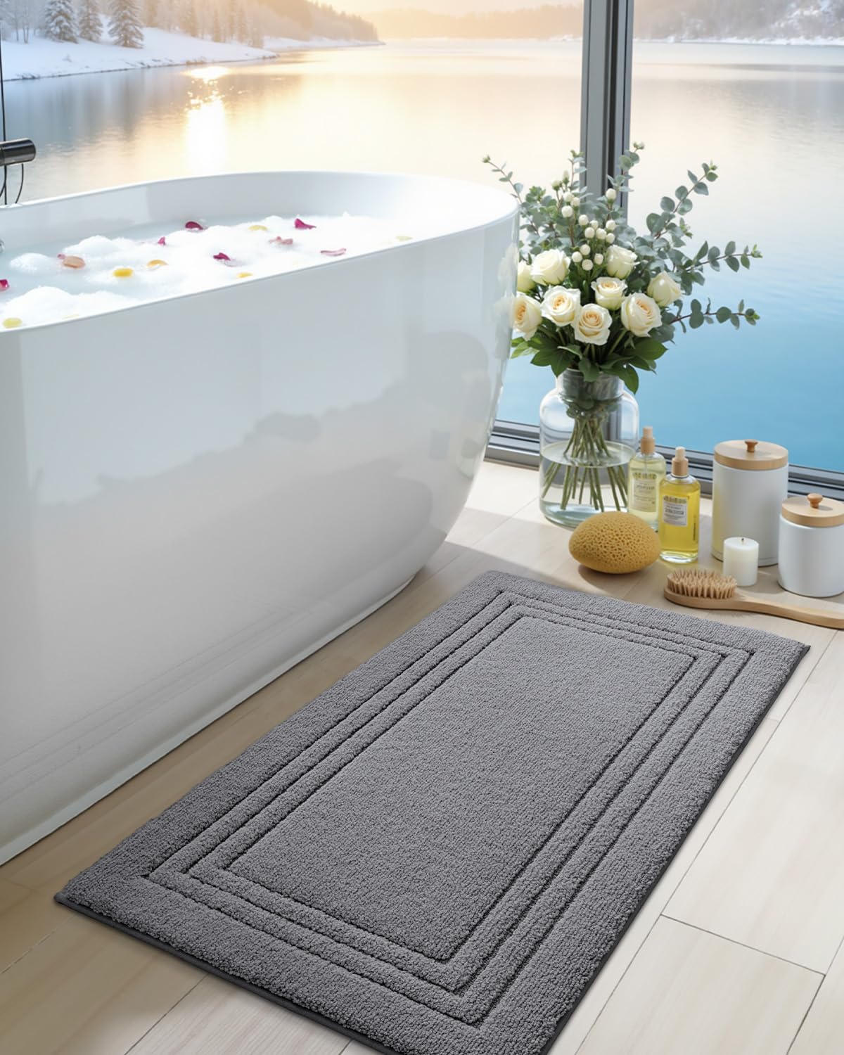 DEXI Bath Mats Bathroom Rug, 32x20 Non Slip Bathroom Rugs Washable, Absorbent Bathmat Quick Dry for Shower Floor Sink, Beige