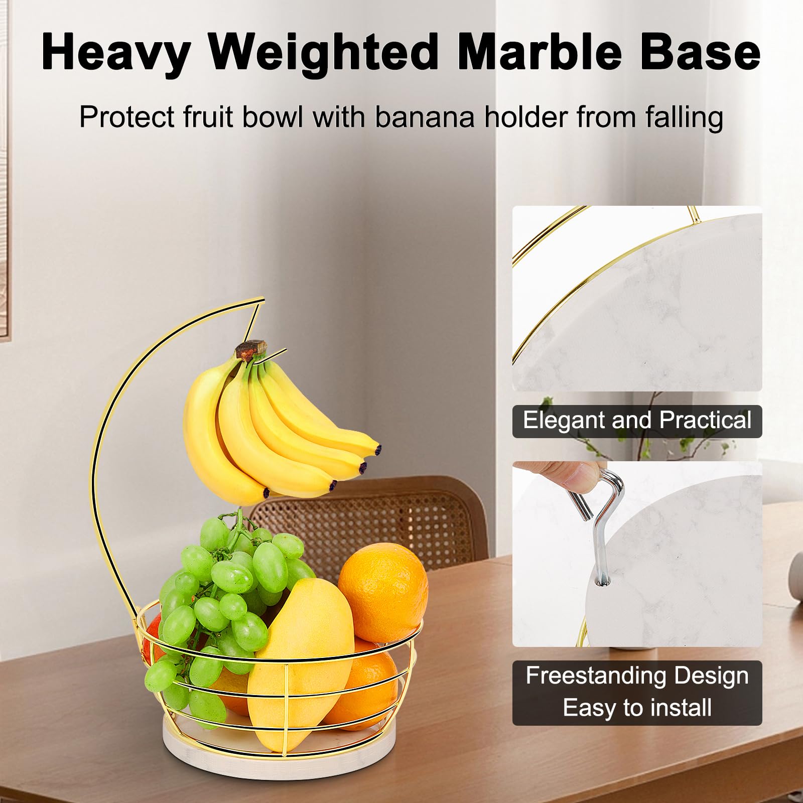 Livabber Countertop Fruit Basket Bowl with Banana Hanger, Modern Standing Fruit Vegetable Bowl Storage, with Banana Tree Holder for Kitchen Dinning Table (Round Marble, Black)