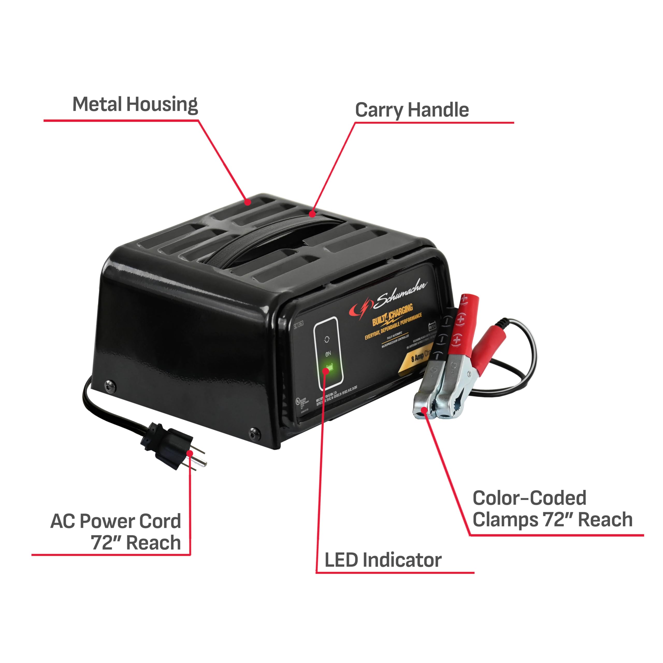 Schumacher Electric 8A Car Battery Charger and Maintainer, 3-in-1 Solution, for 6V/12V Power Sport, Automotive, and Marine Batteries, SC1363