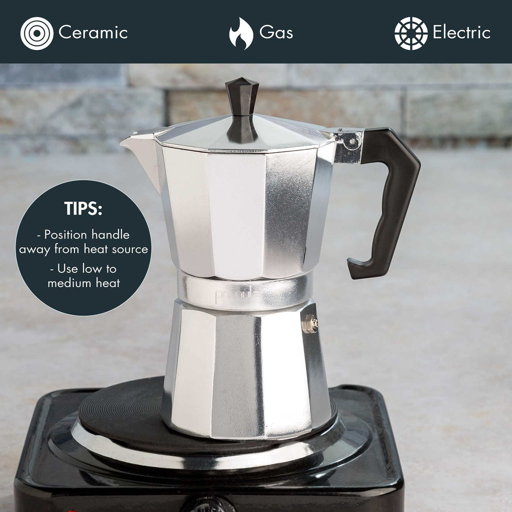 Primula Classic Moka Pot Stovetop Espresso and Coffee Maker, Italian and Cuban Cafetera for Rich Espresso Brewing, Durable Aluminum Greca Coffee Maker with Easy Grip Handle, 6-Cup, Black