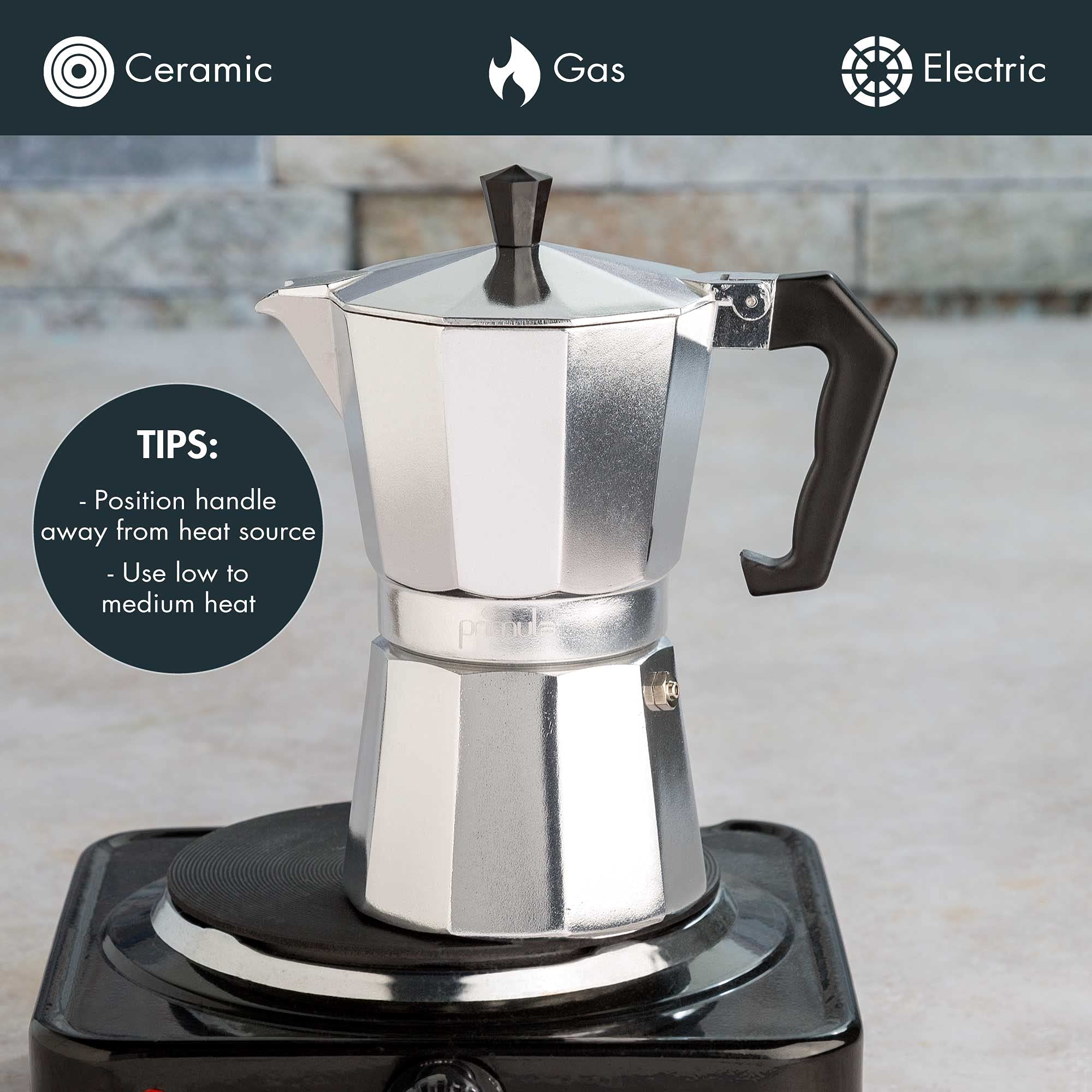 Primula Classic Moka Pot Stovetop Espresso and Coffee Maker, Italian and Cuban Cafetera for Rich Espresso Brewing, Durable Aluminum Greca Coffee Maker with Easy Grip Handle, 6-Cup, Black
