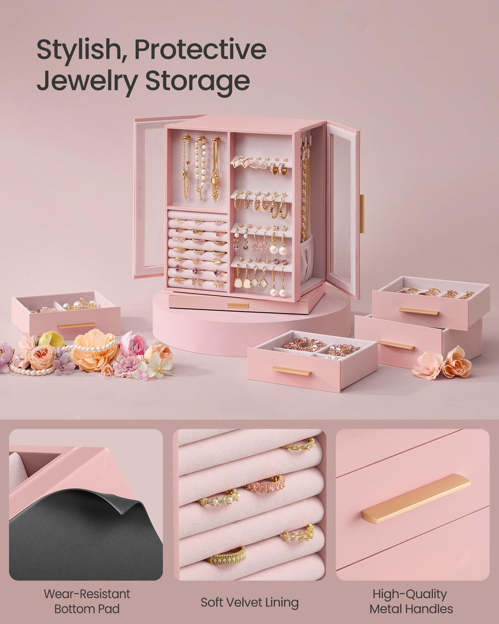 SONGMICS GISELLA Collection - Jewelry Box Organizer 360° Rotating, Vertical Jewelry Storage Case with 5 Drawers, Glass Window, Spacious, Open Design, Great Gift, Cloud White UJBC170W01