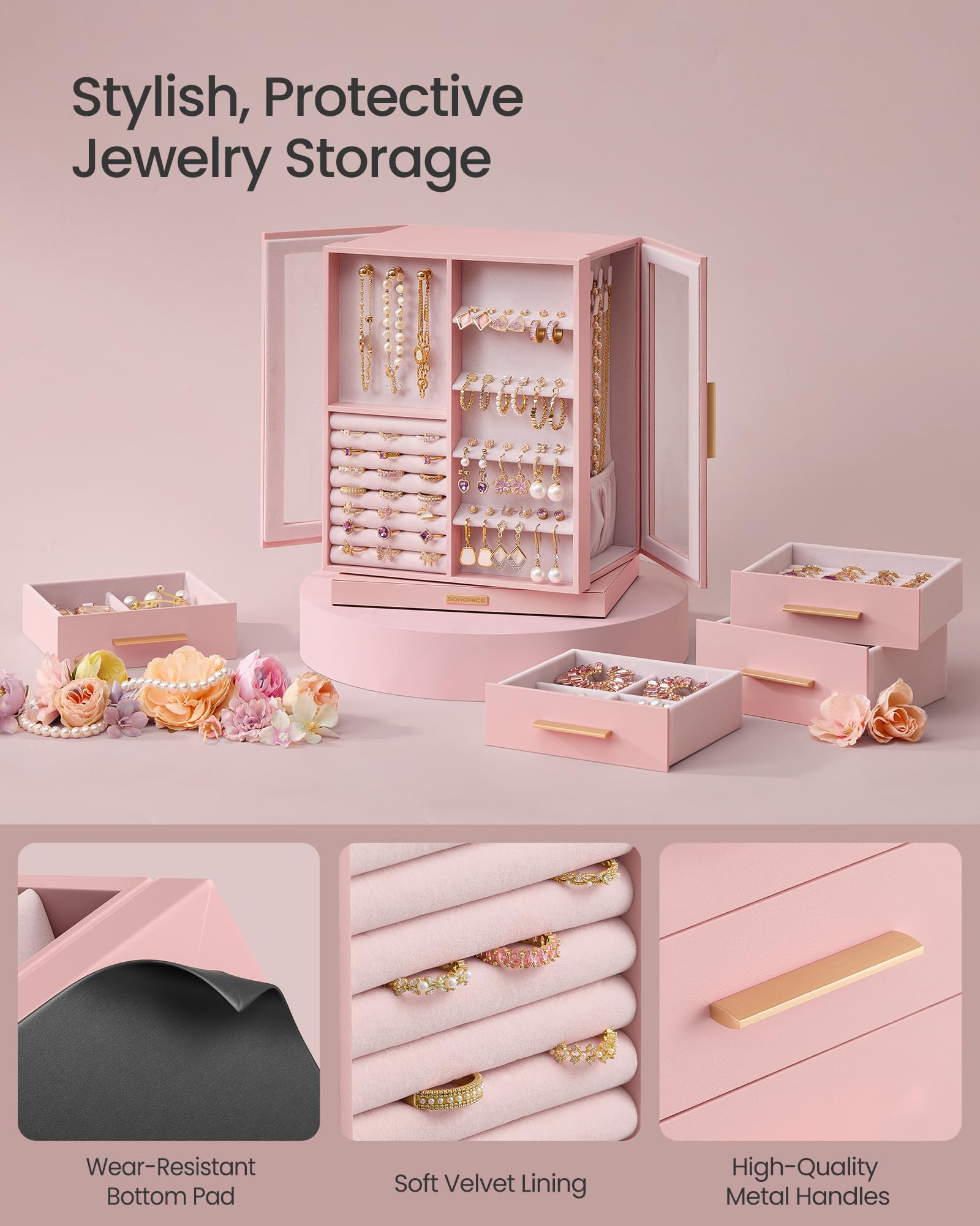 SONGMICS GISELLA Collection - Jewelry Box Organizer 360° Rotating, Vertical Jewelry Storage Case with 5 Drawers, Glass Window, Spacious, Open Design, Great Gift, Cloud White UJBC170W01