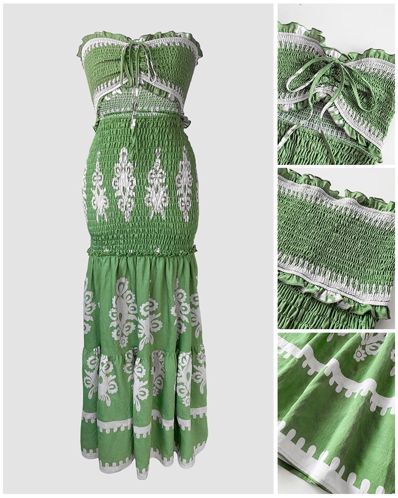 CHICME Floral Printed Vacation Dress Halter Tie Ruched Shirred Bandeau Party Dress Slim Ruffle Hem Wedding Guest Dress