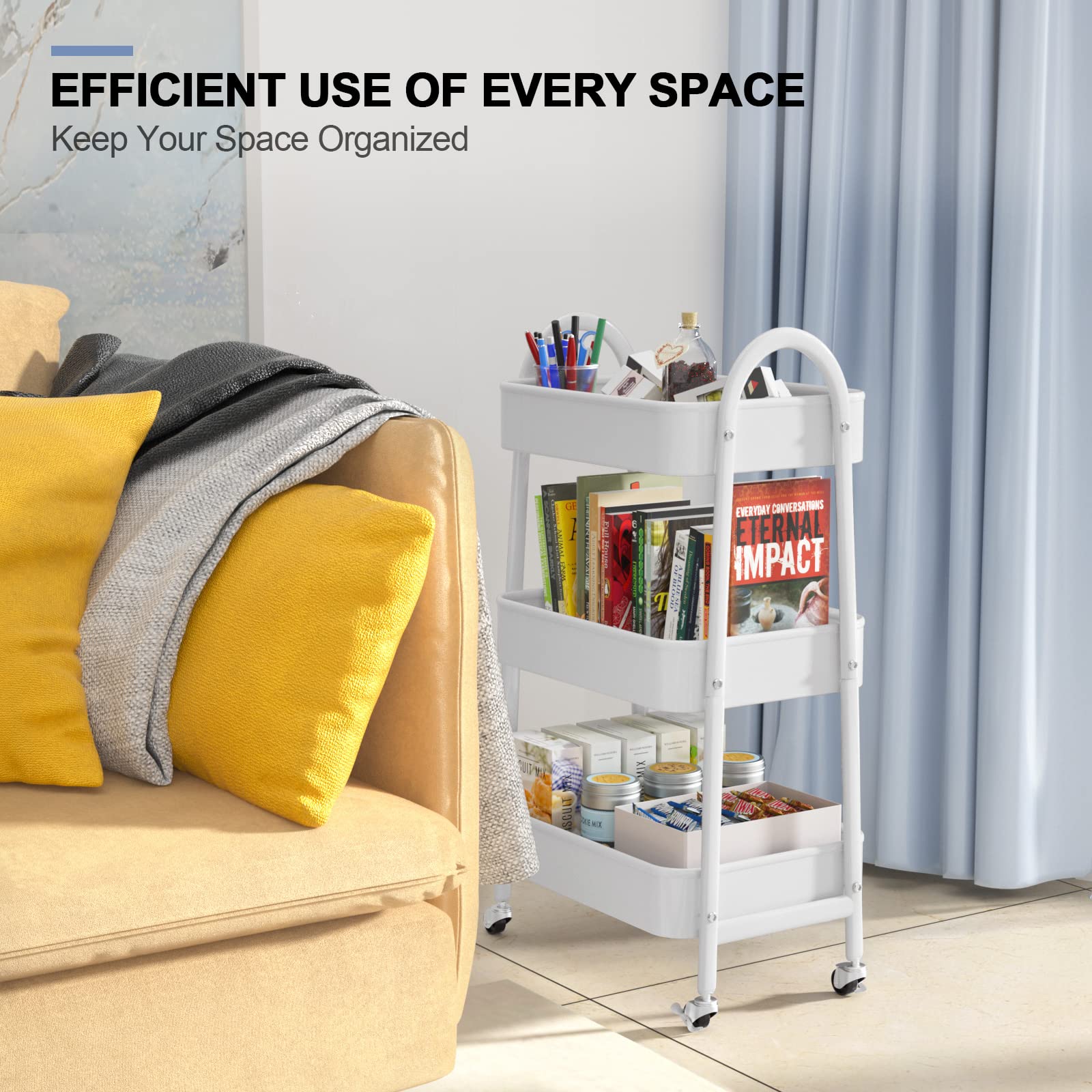 EAGMAK 3 Tier Rolling Cart, Large Metal Storage Cart with Handle and Lockable Wheels, Big Multifunctional Storage Organizer Trolley with Mesh Baskets for Kitchen, Living Room, Office, Garage (Beige)