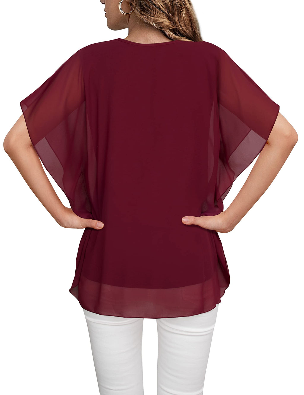 Lotusmile Women's Loose Flouncing Flutter Sleeve Double-Layered Shirt Chiffon Elegant Dressy Blouse Work Tops