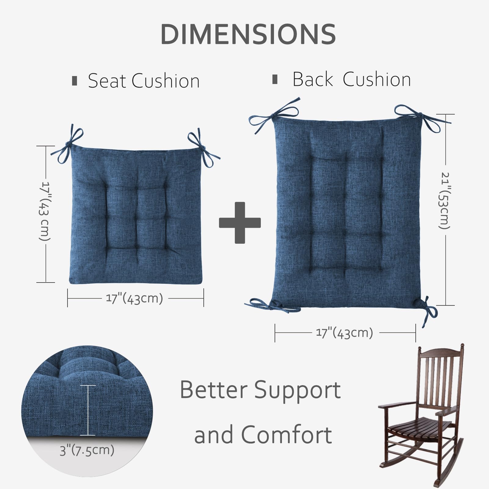 ELFJOY Rocking Chair Cushion Large Rocking Chair Pads with Ties Premium Tufted High Back and Seat Cushion 2 Piece Set Black