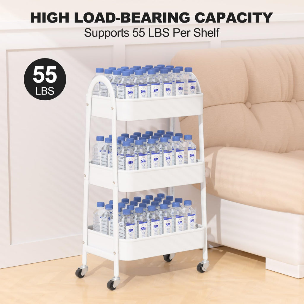 EAGMAK 3 Tier Rolling Cart, Large Metal Storage Cart with Handle and Lockable Wheels, Big Multifunctional Storage Organizer Trolley with Mesh Baskets for Kitchen, Living Room, Office, Garage (Beige)