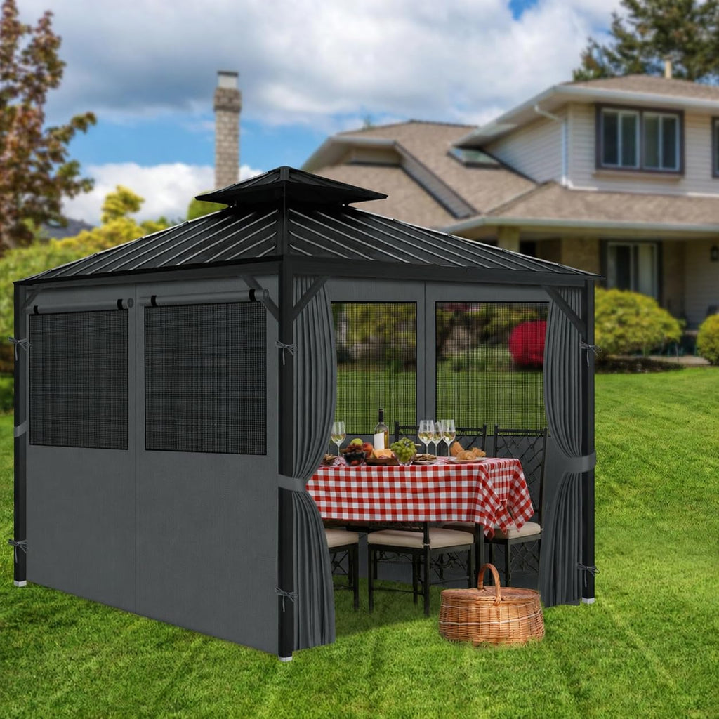 Gazebo Privacy Curtains 10' x 10' with Mosquito Windows, 4-Panels Side Wall with Zipper Universal Replacement for Patio, Outdoor Canopy, Garden and Backyard, Gray (Curtain Only)