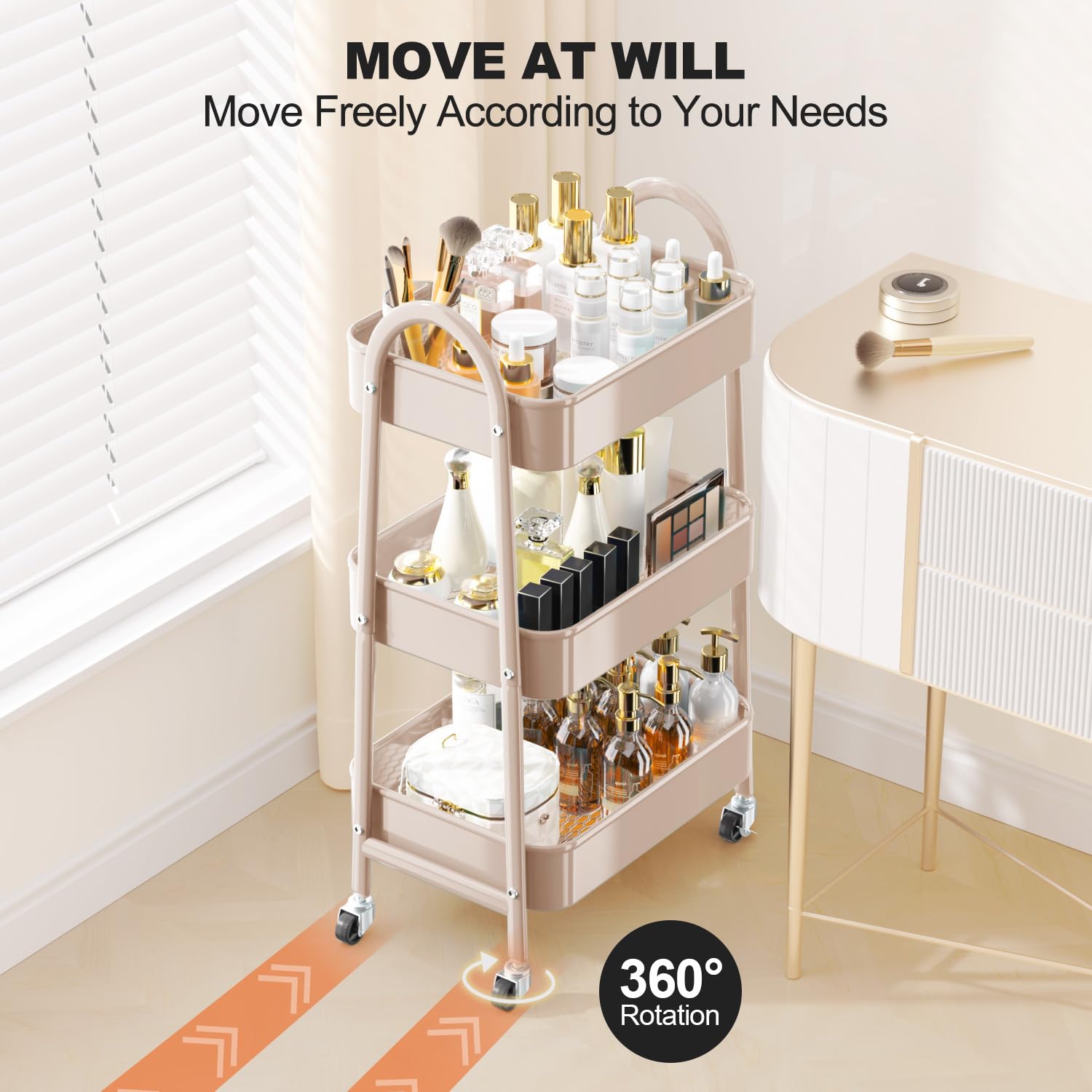 EAGMAK 3 Tier Rolling Cart, Large Metal Storage Cart with Handle and Lockable Wheels, Big Multifunctional Storage Organizer Trolley with Mesh Baskets for Kitchen, Living Room, Office, Garage (Beige)