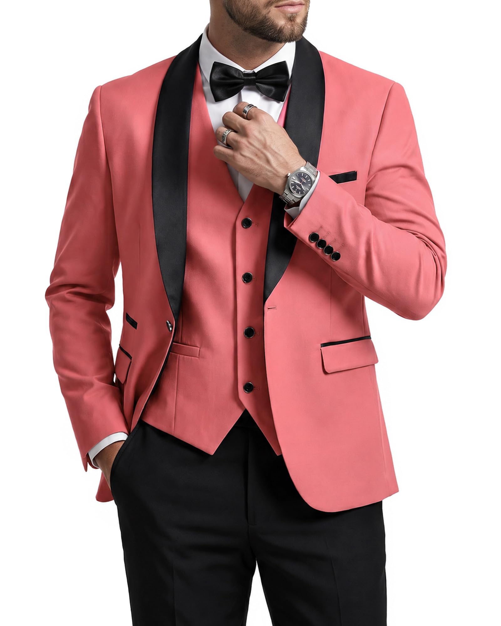 MrSure Men’s 3 Piece Slim Fit Suit, One Button Shawl Lapel Tuxedo, Premium Dinner Jacket Vest Pants & Tie Set