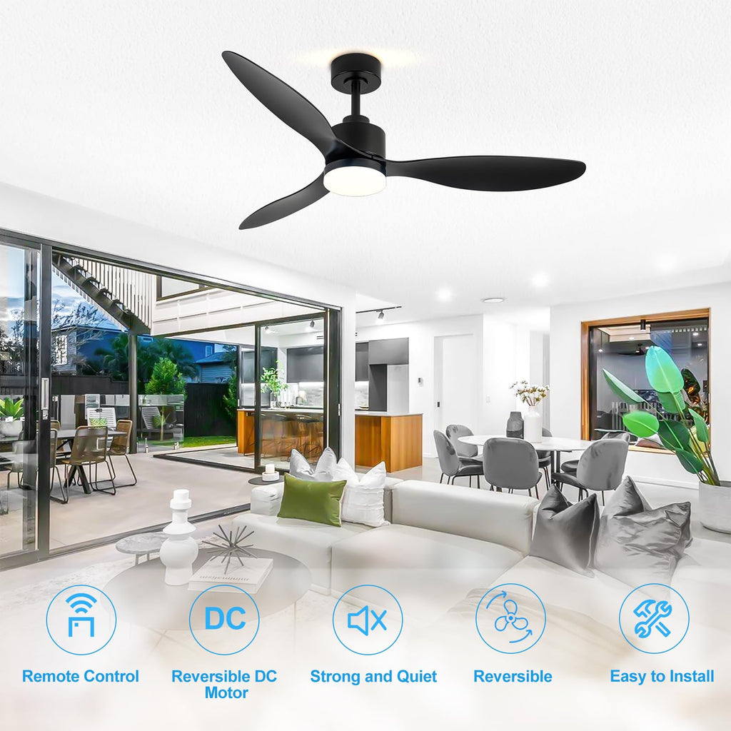 52" Ceiling Fans with Lights and Remote, Quiet DC Motor, 3 Reversible Blades, 6-Speed, Modern Industrial Black Ceiling Fan with 3-Color LED Light Fandelier for Bedroom Living Room