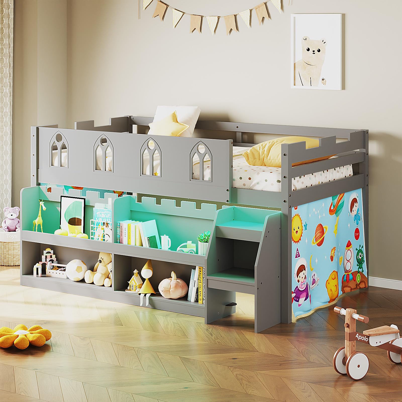 JOYMOR Low Loft Bed Twin Size with LED Lights, 4 Storage Shelves, Removable Curtain, Kids Wood Loft Bed with 15" H Safety Guardrail, Spave Saving, Mattress Not Included (Gray)