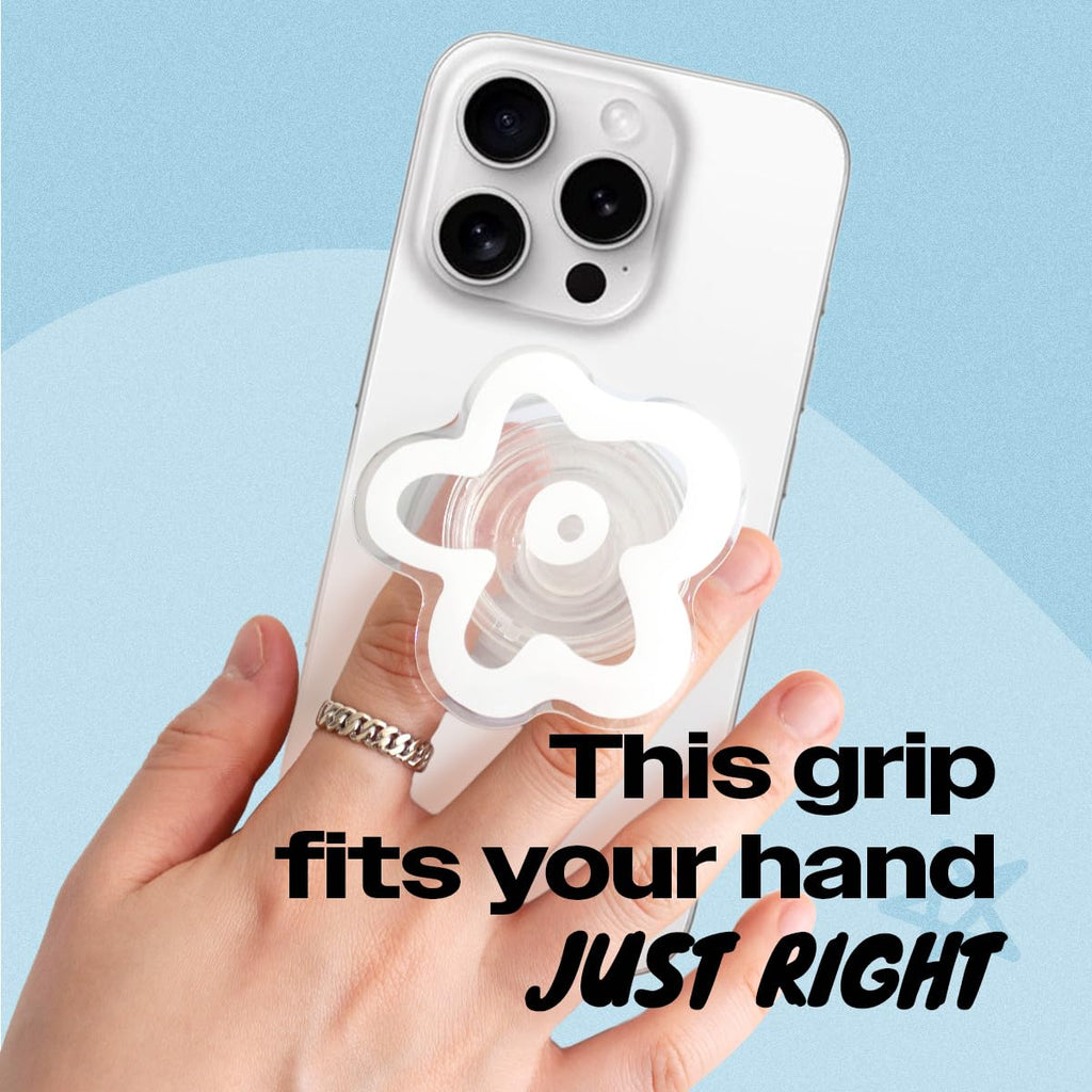 OnTheGrip Cute Transparent Daisy Flower Shape Design Mobile Phone Grip Multi Functional Collapsible Stand Holder for Smartphone Tablet Cell Phone Accessory (Black)