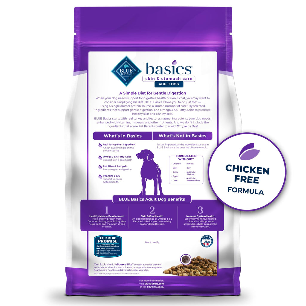 Blue Buffalo Basics Grain-Free Adult Dry Dog Food, Skin & Stomach Care, Limited Ingredient Diet for Dogs, Turkey Recipe, 24-lb. Bag