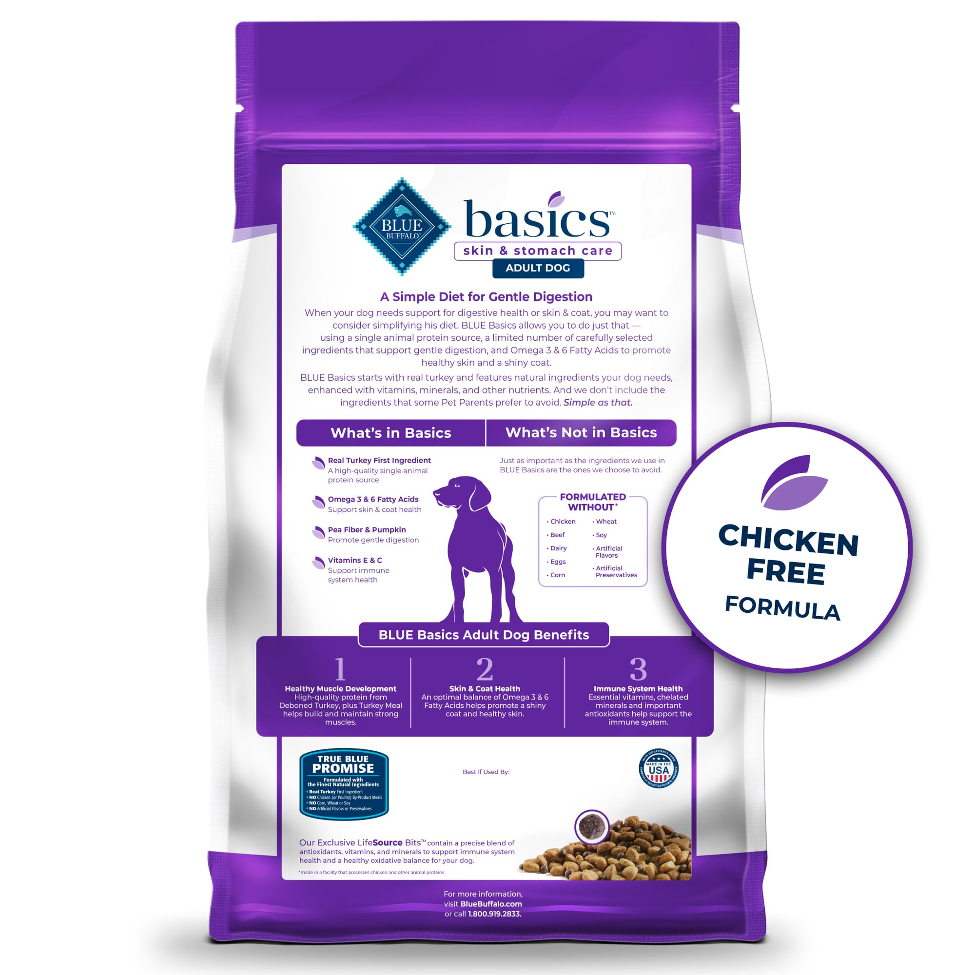 Blue Buffalo Basics Grain-Free Adult Dry Dog Food, Skin & Stomach Care, Limited Ingredient Diet for Dogs, Turkey Recipe, 24-lb. Bag