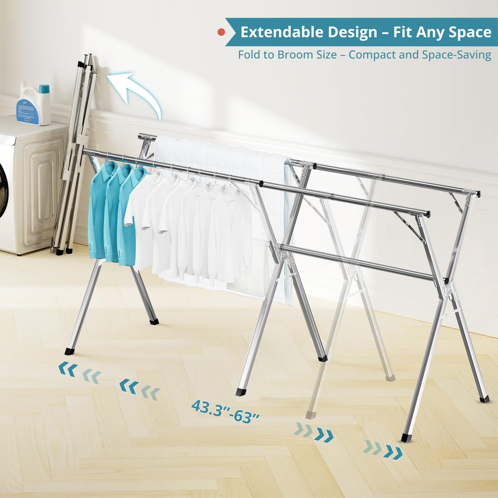 JAUREE 95 Inches Clothes Drying Rack, Drying Rack Clothing Folding Indoor Outdoor, Heavy Duty Stainless Steel Laundry Drying Rack, Foldable Portable Clothes Rack Garment Rack with 20 Hooks Black