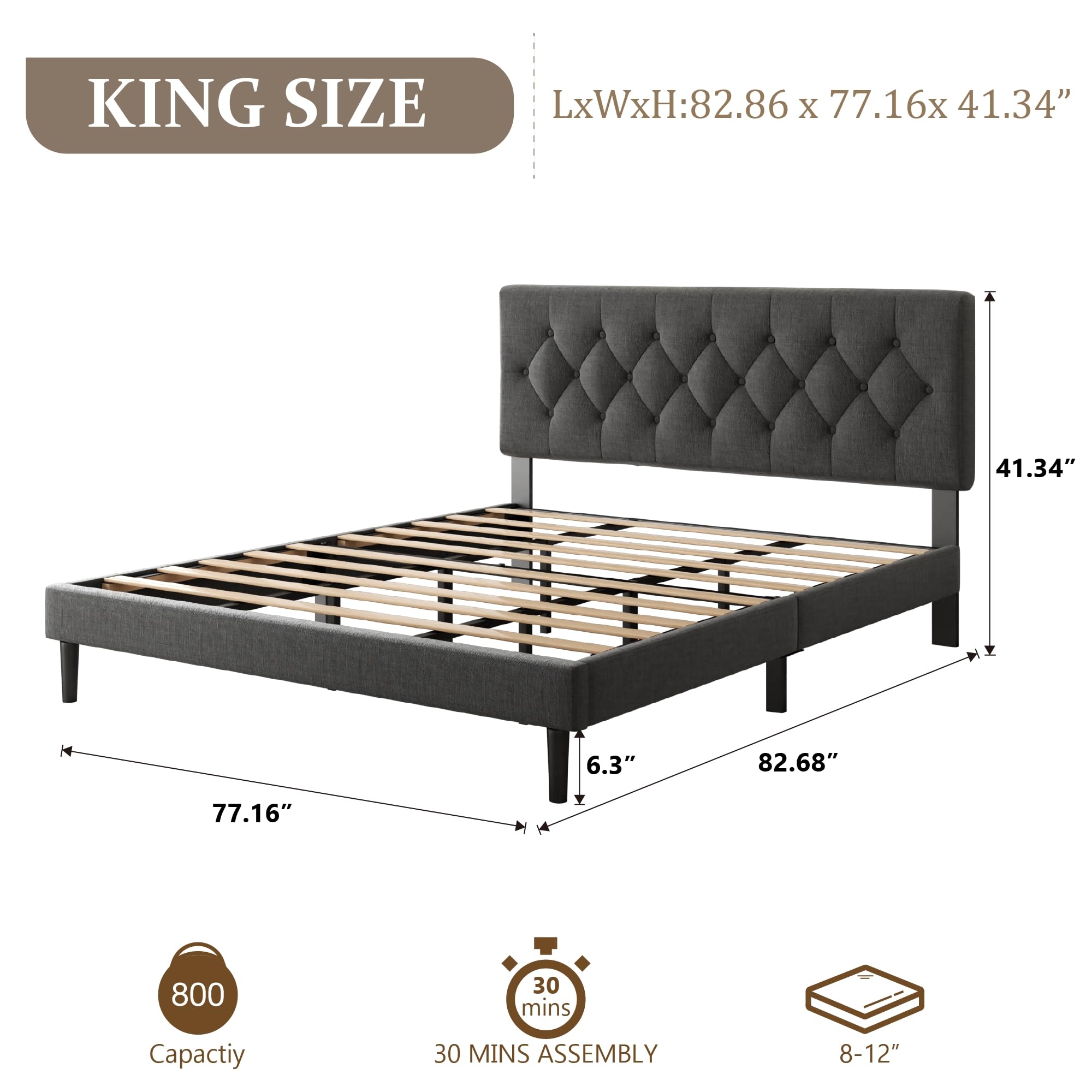 CXVX Full Size Platform Bed Frame with Upholstered Headboard, Button Tufted Design, Strong Wooden Slats, No Box Spring Needed, Easy Assembly, Noise Free