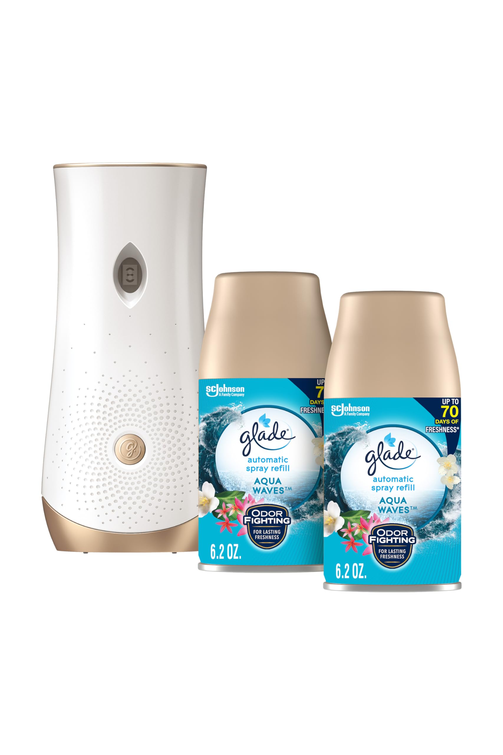 Glade Automatic Spray Refill and Holder Kit, Air Freshener for Home and Bathroom, Aqua Waves, 6.2 Oz, 2 Count (Pack of 2)
