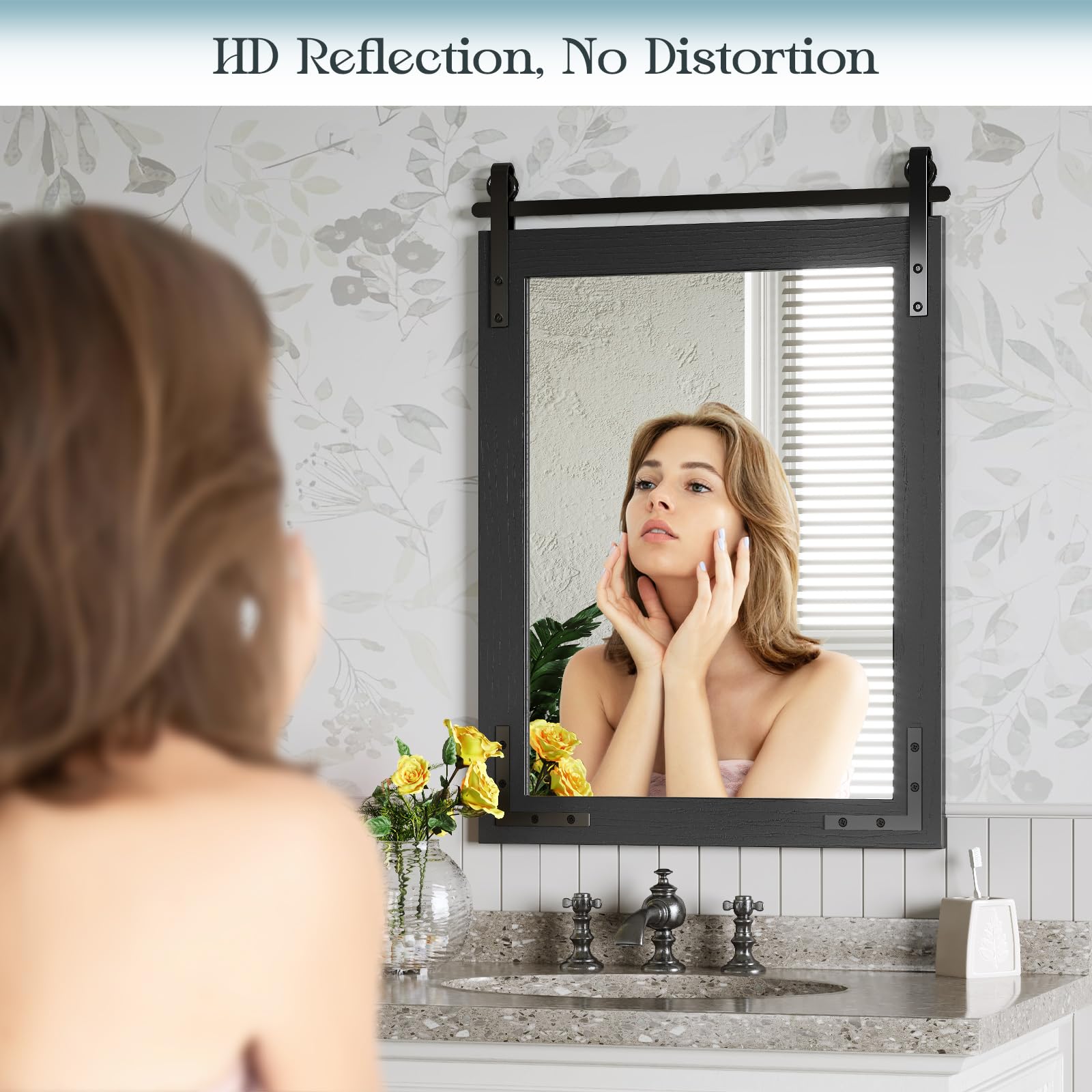Farmhouse Mirror 41x26 Inch, Black Rustic Bathroom Mirror, Vanity Wood Framed Rectangular Wall Decorative Mirrors for Entryway, Living Room, Bedroom