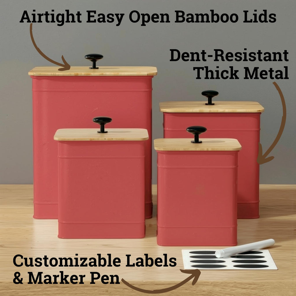 Kitchen Canisters for Countertop Set of 4 w/ Chalkboard Labels & Marker Pen | Airtight Easy Open Bamboo Lids, Dent-Resistant Thick Metal, Customizable Chalkboard Labels, Marker Pen Included, Set of 4