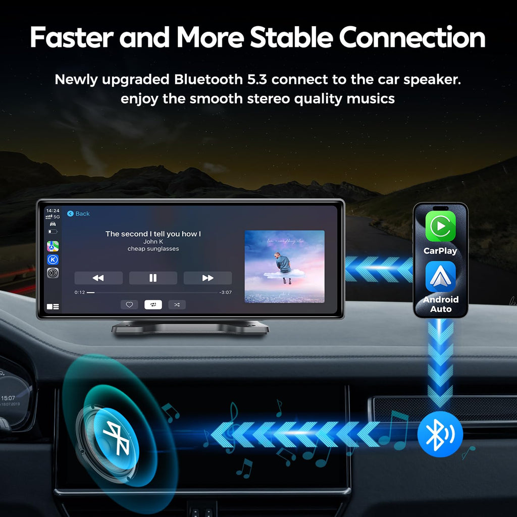 JATAZA 10.26" Wireless Apple Carplay Screen for Car, Secure Strong Bracket, Portable Apple CarPlay& Android Auto Car Stereo with GPS Navigation, Bluetooth, Mirror Link, Voice Control,Fits All Vehicles